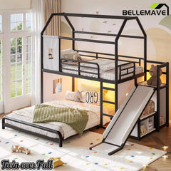 Bellemave® Twin over Full Bunk Bed for Small Room - Metal House Shaped Playhouse with Slide, LED Lights & Privacy Curtain, Kids Space-Saving Storage Bed - Bellemave