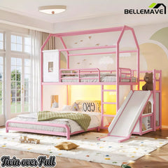 Bellemave® Twin over Full Bunk Bed for Small Room - Metal House Shaped Playhouse with Slide, LED Lights & Privacy Curtain, Kids Space-Saving Storage Bed - Bellemave