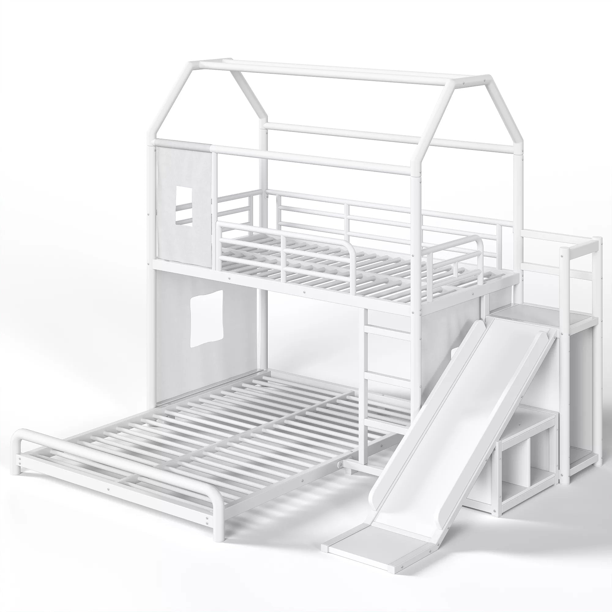 Bellemave® Twin over Full Bunk Bed for Small Room - Metal House Shaped Playhouse with Slide, LED Lights & Privacy Curtain, Kids Space-Saving Storage Bed - Bellemave