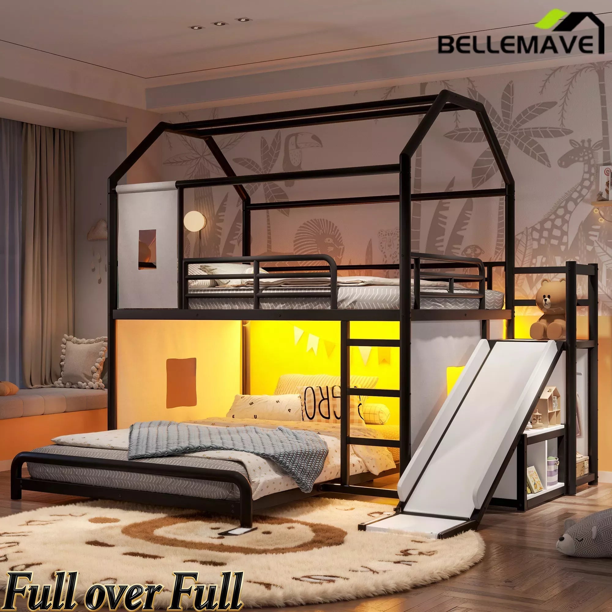Bellemave® Twin over Full Bunk Bed for Small Room - Metal House Shaped Playhouse with Slide, LED Lights & Privacy Curtain, Kids Space-Saving Storage Bed - Bellemave