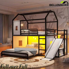 Bellemave® Twin over Full Bunk Bed for Small Room - Metal House Shaped Playhouse with Slide, LED Lights & Privacy Curtain, Kids Space-Saving Storage Bed - Bellemave
