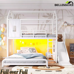 Bellemave® Twin over Full Bunk Bed for Small Room - Metal House Shaped Playhouse with Slide, LED Lights & Privacy Curtain, Kids Space-Saving Storage Bed - Bellemave