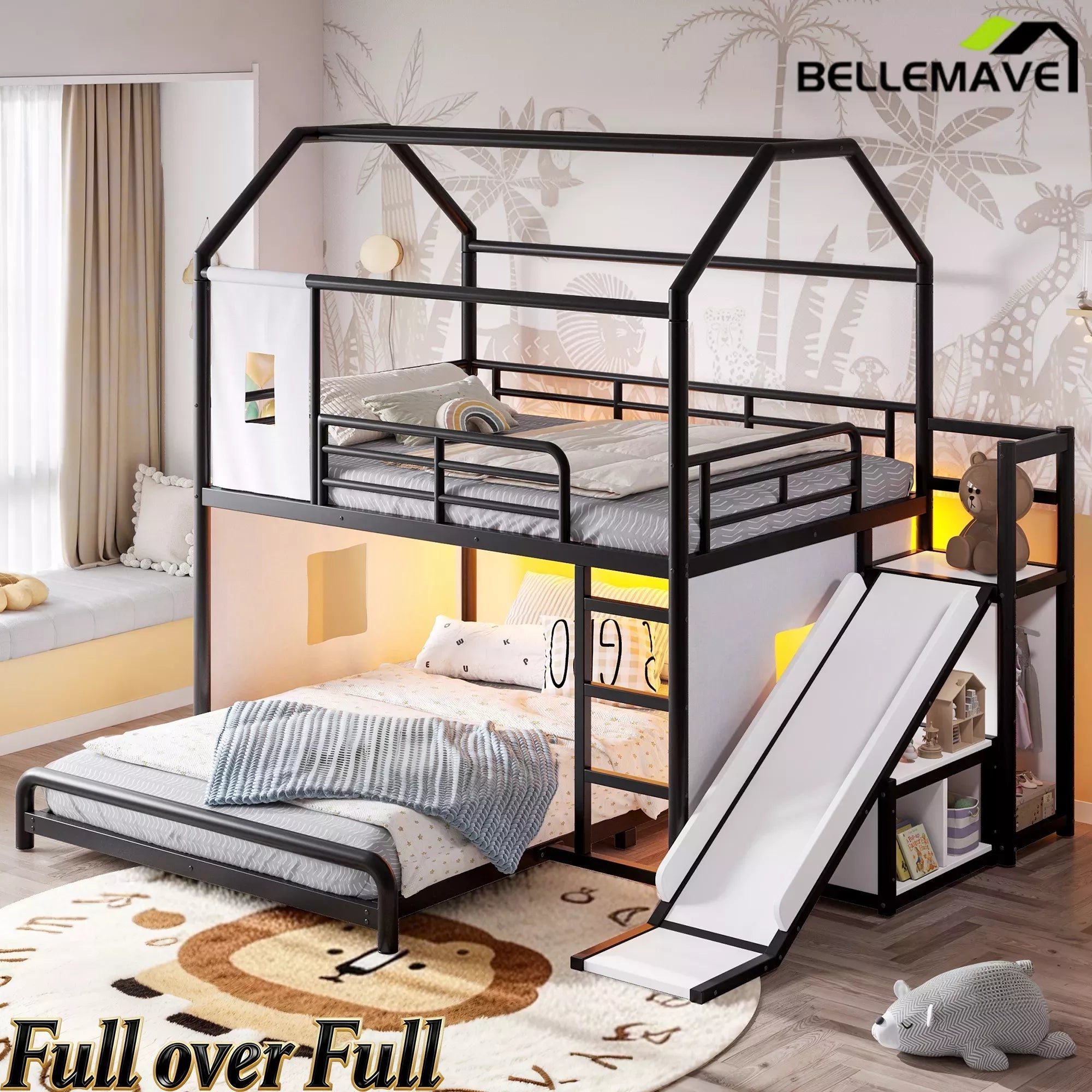 Bellemave® Twin over Full Bunk Bed for Small Room - Metal House Shaped Playhouse with Slide, LED Lights & Privacy Curtain, Kids Space-Saving Storage Bed - Bellemave