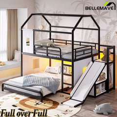 Bellemave® Twin over Full Bunk Bed for Small Room - Metal House Shaped Playhouse with Slide, LED Lights & Privacy Curtain, Kids Space-Saving Storage Bed - Bellemave