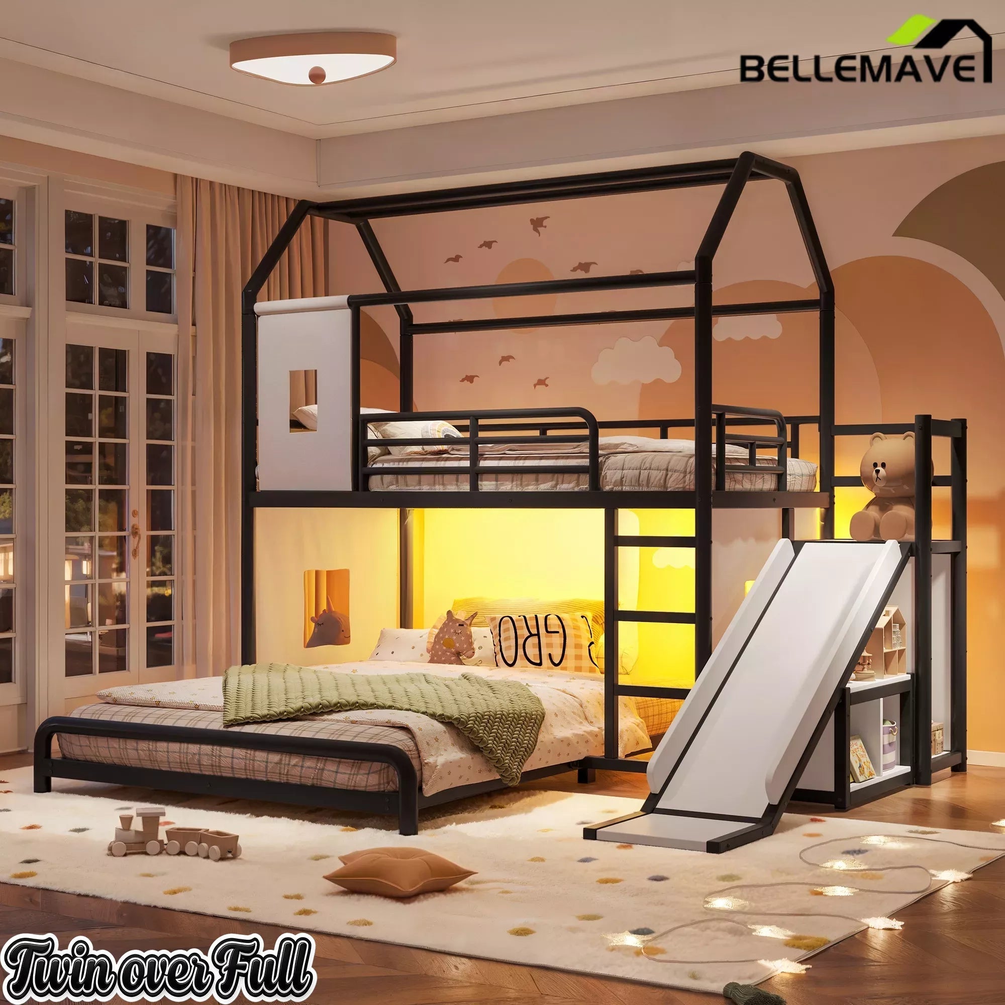 Bellemave® Twin over Full Bunk Bed for Small Room - Metal House Shaped Playhouse with Slide, LED Lights & Privacy Curtain, Kids Space-Saving Storage Bed - Bellemave