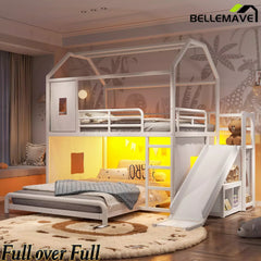 Bellemave® Twin over Full Bunk Bed for Small Room - Metal House Shaped Playhouse with Slide, LED Lights & Privacy Curtain, Kids Space-Saving Storage Bed - Bellemave