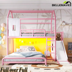 Bellemave® Twin over Full Bunk Bed for Small Room - Metal House Shaped Playhouse with Slide, LED Lights & Privacy Curtain, Kids Space-Saving Storage Bed - Bellemave
