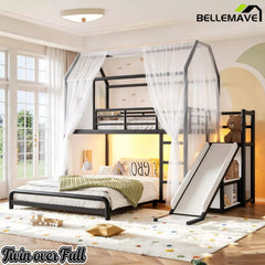 Bellemave® Twin over Full Bunk Bed for Small Room - Metal House Shaped Playhouse with Slide, LED Lights & Privacy Curtain, Kids Space-Saving Storage Bed - Bellemave