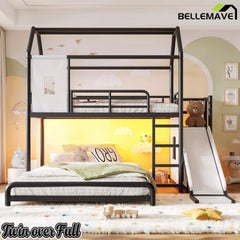 Bellemave® Twin over Full Bunk Bed for Small Room - Metal House Shaped Playhouse with Slide, LED Lights & Privacy Curtain, Kids Space-Saving Storage Bed - Bellemave
