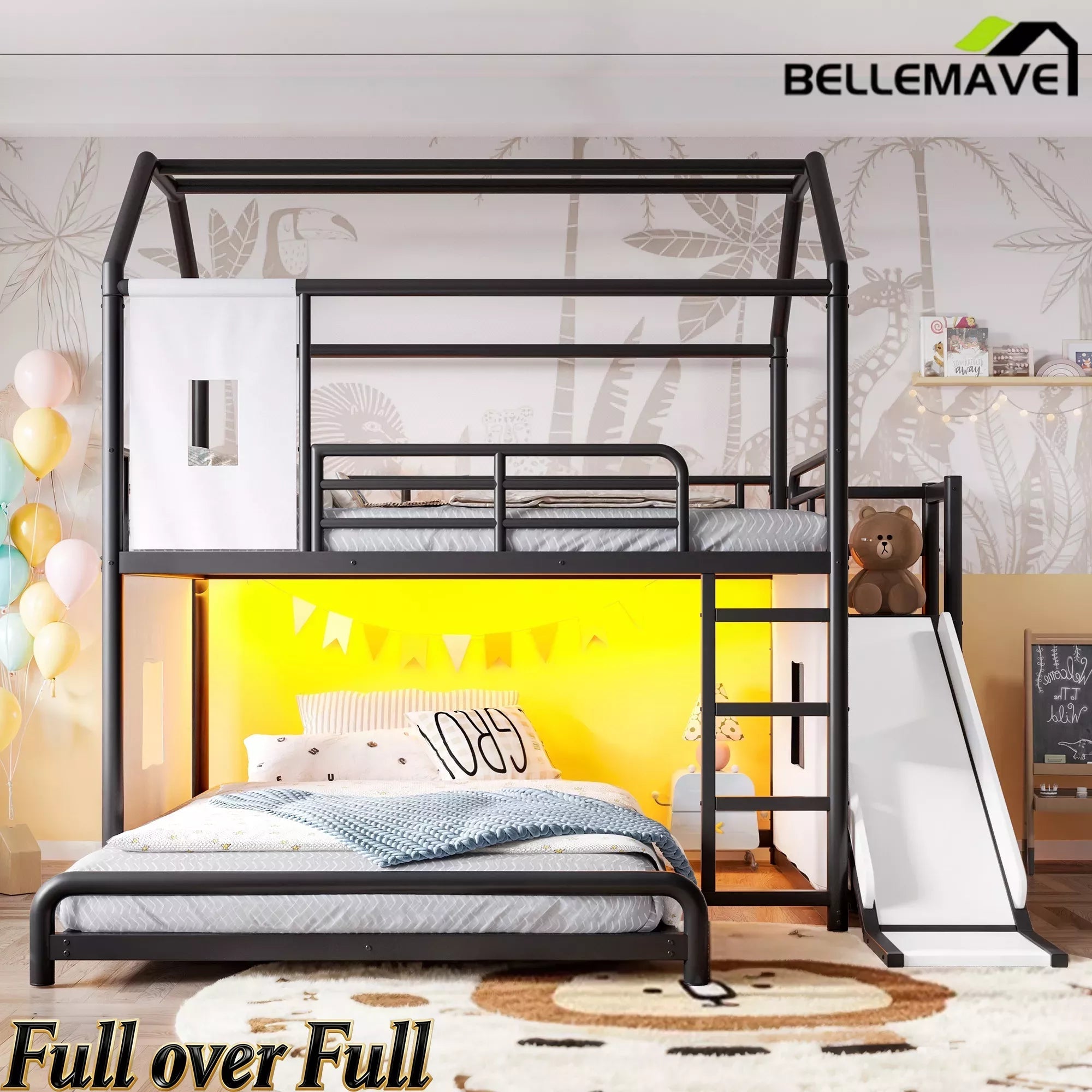 Bellemave® Twin over Full Bunk Bed for Small Room - Metal House Shaped Playhouse with Slide, LED Lights & Privacy Curtain, Kids Space-Saving Storage Bed - Bellemave