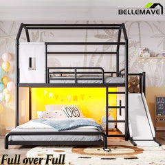 Bellemave® Twin over Full Bunk Bed for Small Room - Metal House Shaped Playhouse with Slide, LED Lights & Privacy Curtain, Kids Space-Saving Storage Bed - Bellemave