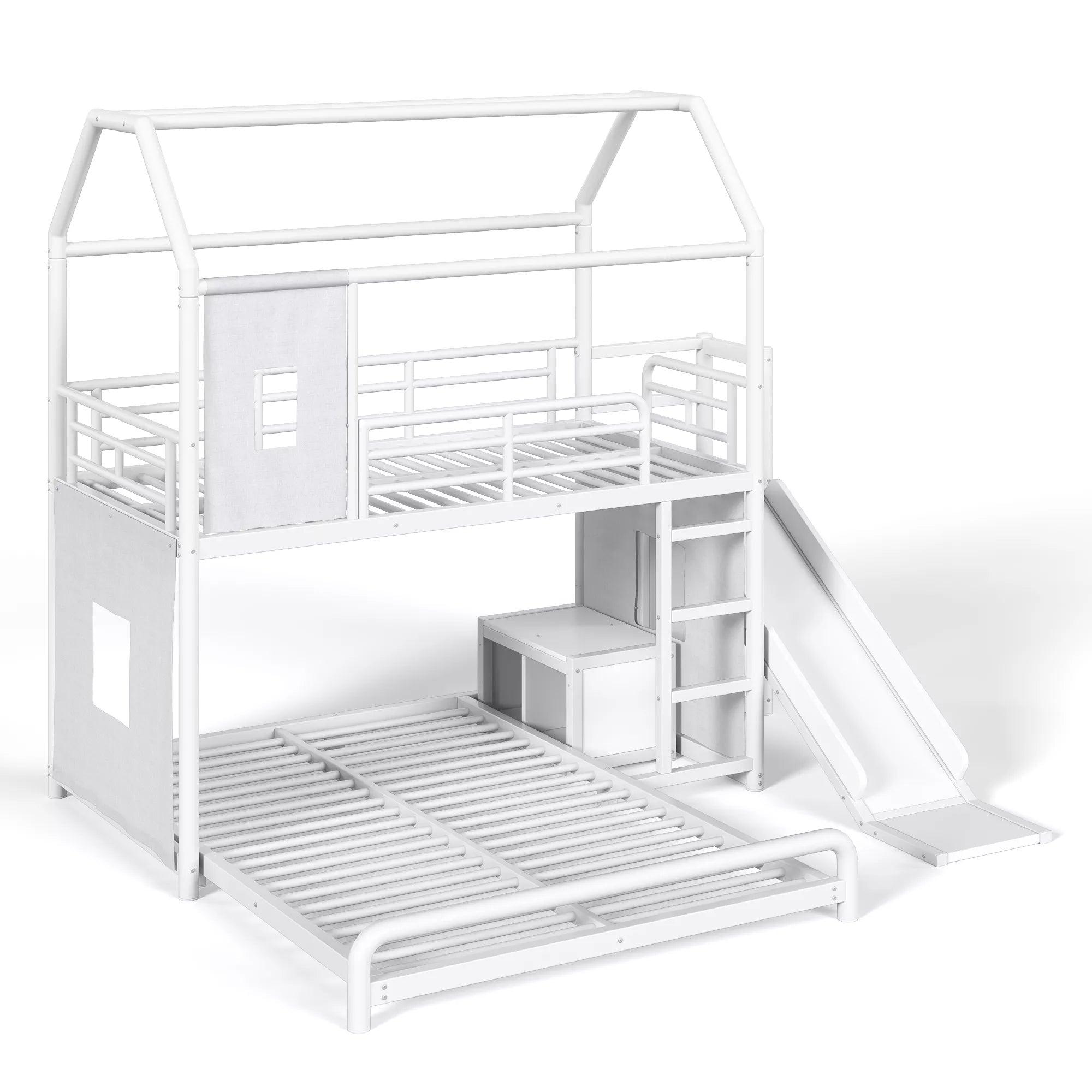 Bellemave® Twin over Full Bunk Bed for Small Room - Metal House Shaped Playhouse with Slide, LED Lights & Privacy Curtain, Kids Space-Saving Storage Bed - Bellemave