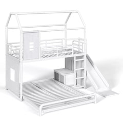 Bellemave® Twin over Full Bunk Bed for Small Room - Metal House Shaped Playhouse with Slide, LED Lights & Privacy Curtain, Kids Space-Saving Storage Bed - Bellemave