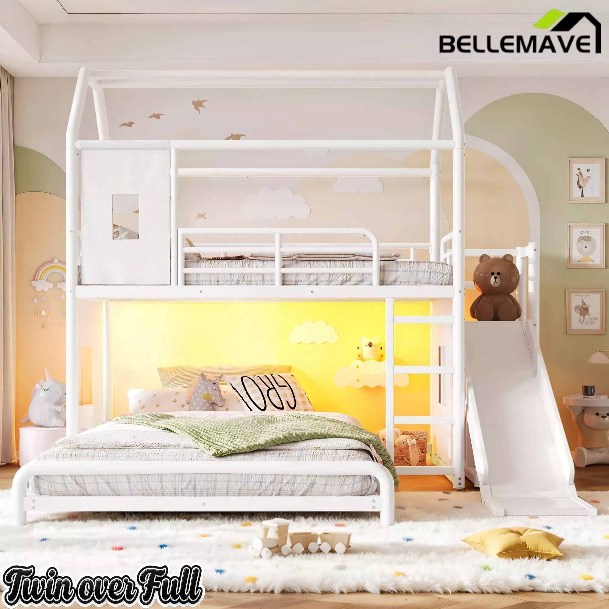 Bellemave® Twin over Full Bunk Bed for Small Room - Metal House Shaped Playhouse with Slide, LED Lights & Privacy Curtain, Kids Space-Saving Storage Bed - Bellemave