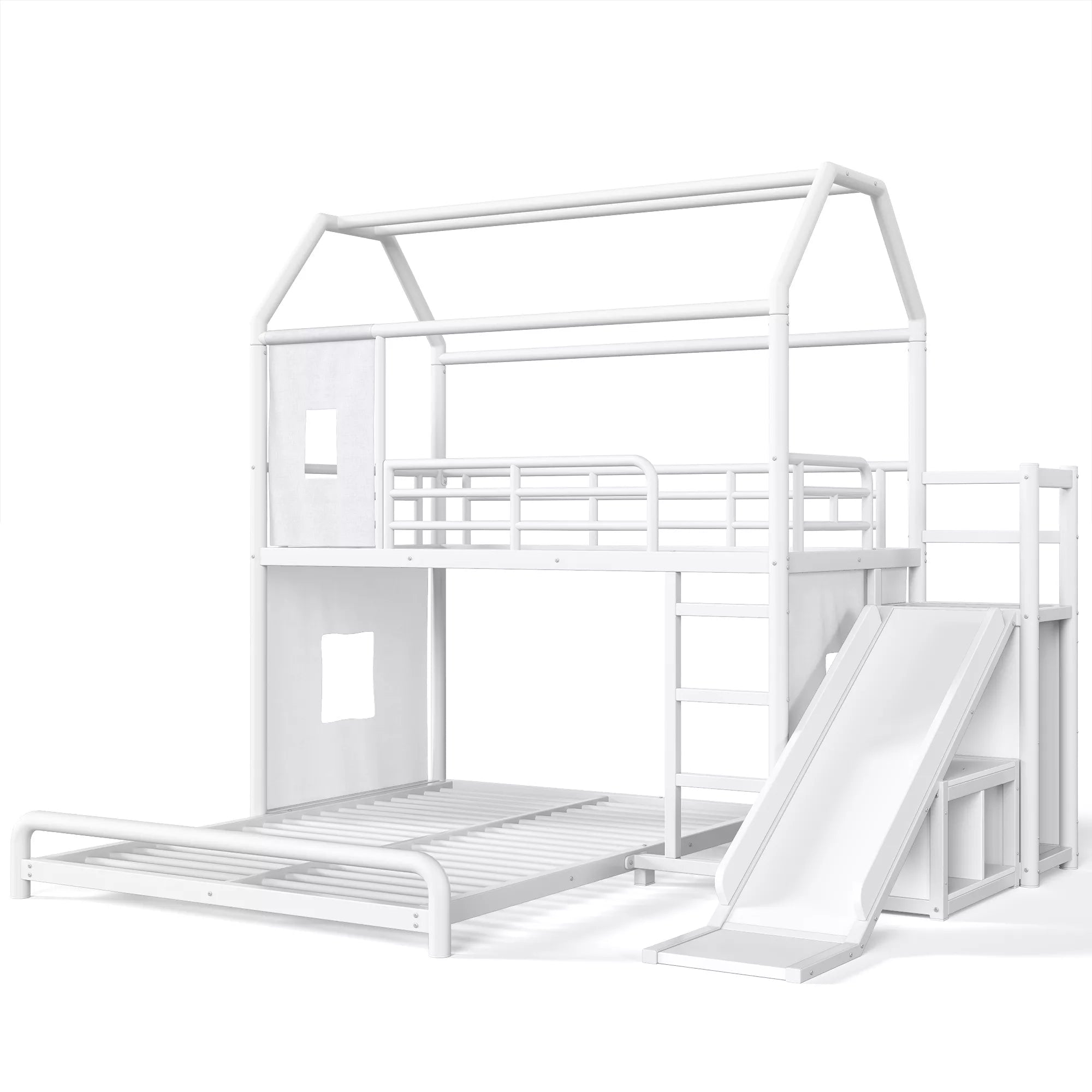 Bellemave® Twin over Full Bunk Bed for Small Room - Metal House Shaped Playhouse with Slide, LED Lights & Privacy Curtain, Kids Space-Saving Storage Bed - Bellemave