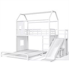 Bellemave® Twin over Full Bunk Bed for Small Room - Metal House Shaped Playhouse with Slide, LED Lights & Privacy Curtain, Kids Space-Saving Storage Bed - Bellemave