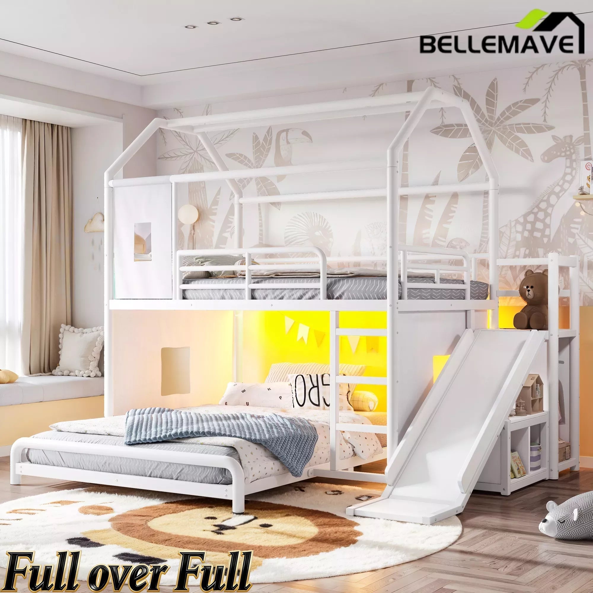 Bellemave® Twin over Full Bunk Bed for Small Room - Metal House Shaped Playhouse with Slide, LED Lights & Privacy Curtain, Kids Space-Saving Storage Bed - Bellemave