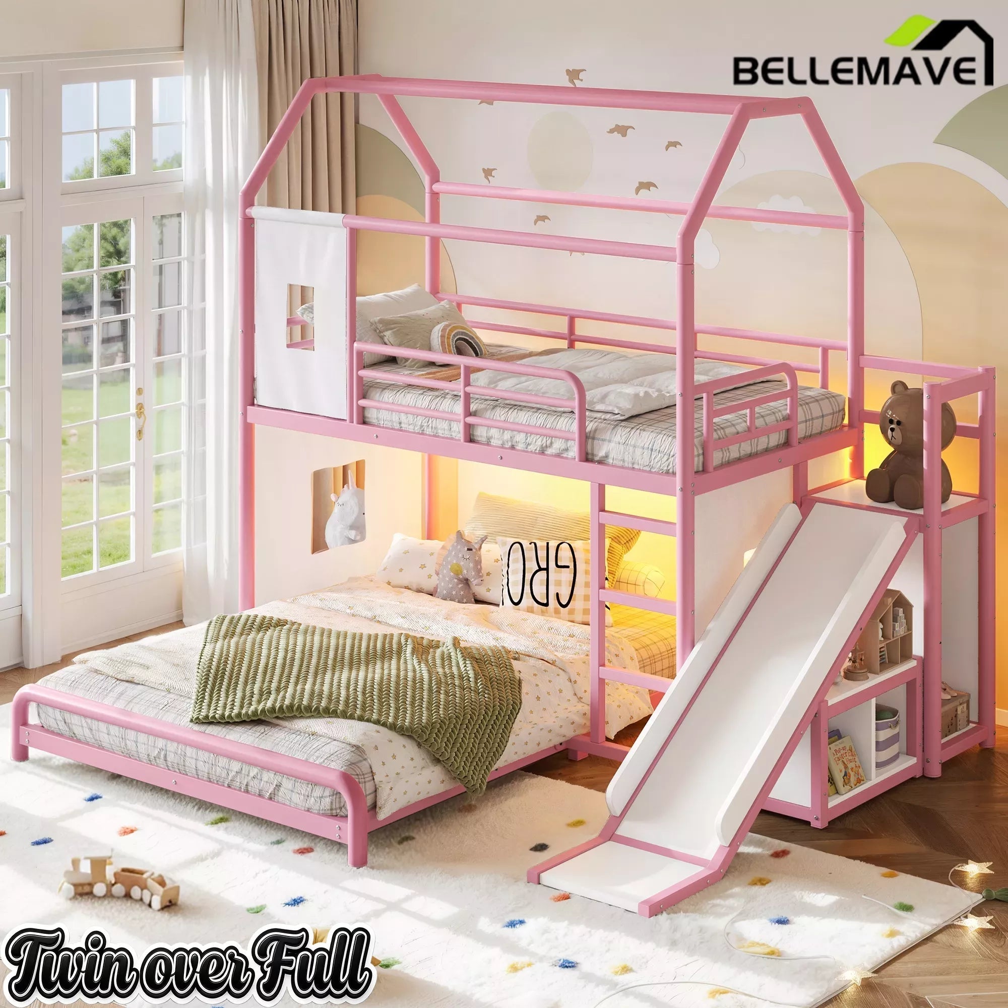 Bellemave® Twin over Full Bunk Bed for Small Room - Metal House Shaped Playhouse with Slide, LED Lights & Privacy Curtain, Kids Space-Saving Storage Bed - Bellemave