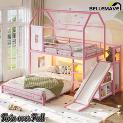 Bellemave® Twin over Full Bunk Bed for Small Room - Metal House Shaped Playhouse with Slide, LED Lights & Privacy Curtain, Kids Space-Saving Storage Bed - Bellemave