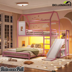 Bellemave® Twin over Full Bunk Bed for Small Room - Metal House Shaped Playhouse with Slide, LED Lights & Privacy Curtain, Kids Space-Saving Storage Bed - Bellemave