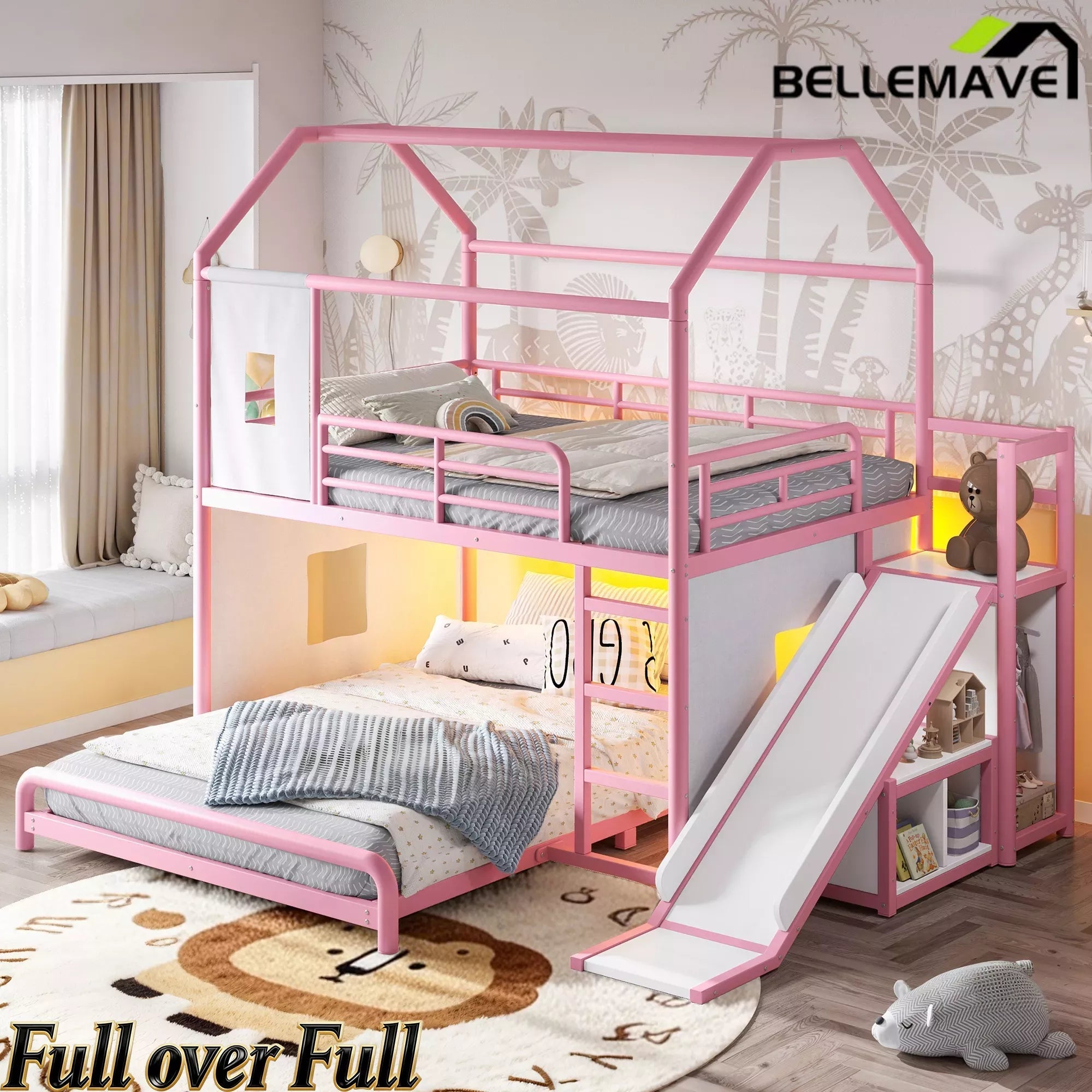 Bellemave® Twin over Full Bunk Bed for Small Room - Metal House Shaped Playhouse with Slide, LED Lights & Privacy Curtain, Kids Space-Saving Storage Bed - Bellemave