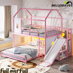 Bellemave® Twin over Full Bunk Bed for Small Room - Metal House Shaped Playhouse with Slide, LED Lights & Privacy Curtain, Kids Space-Saving Storage Bed - Bellemave