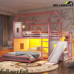 Bellemave® Twin over Full Bunk Bed for Small Room - Metal House Shaped Playhouse with Slide, LED Lights & Privacy Curtain, Kids Space-Saving Storage Bed - Bellemave