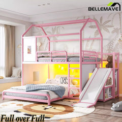 Bellemave® Twin over Full Bunk Bed for Small Room - Metal House Shaped Playhouse with Slide, LED Lights & Privacy Curtain, Kids Space-Saving Storage Bed - Bellemave