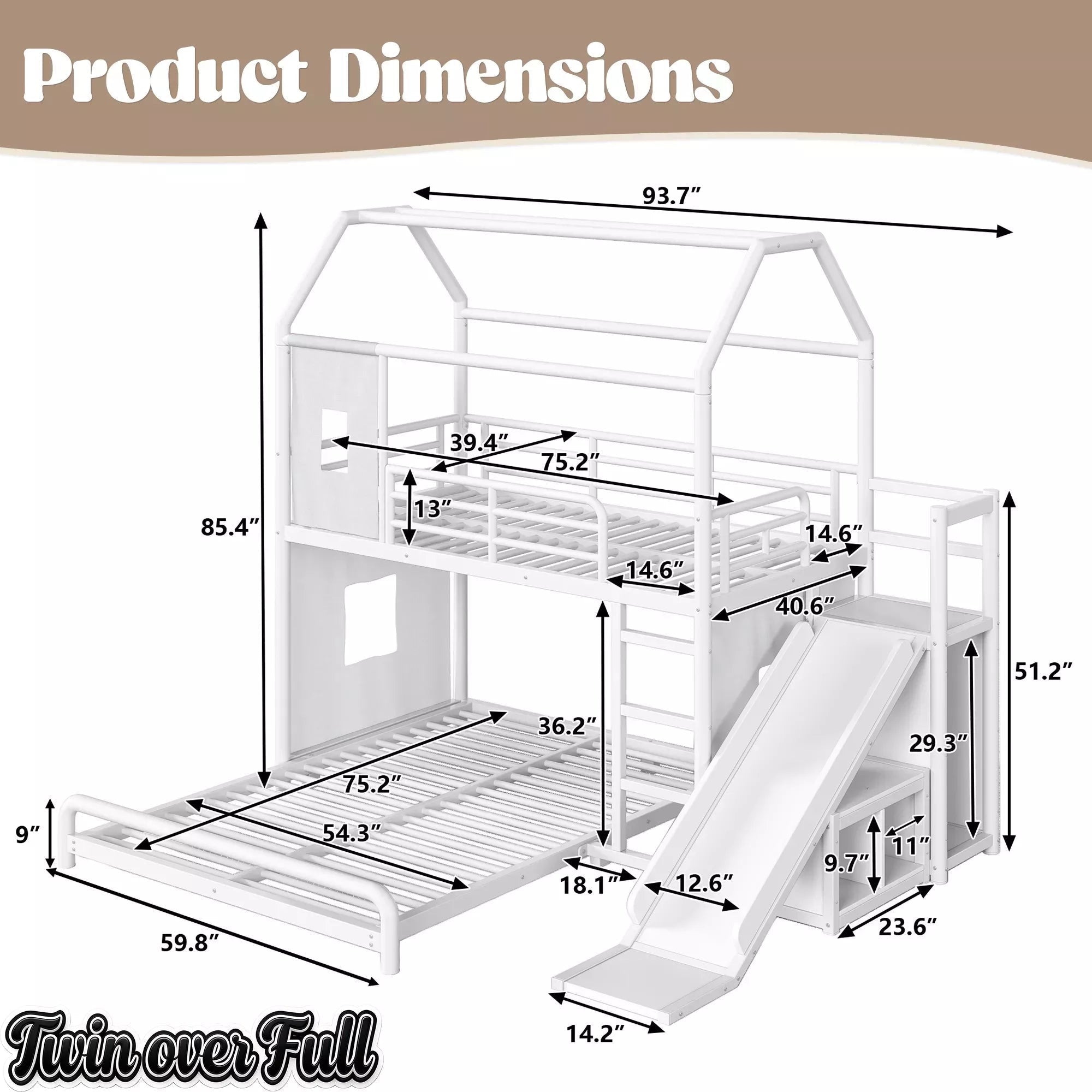 Bellemave® Twin over Full Bunk Bed for Small Room - Metal House Shaped Playhouse with Slide, LED Lights & Privacy Curtain, Kids Space-Saving Storage Bed - Bellemave