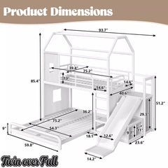 Bellemave® Twin over Full Bunk Bed for Small Room - Metal House Shaped Playhouse with Slide, LED Lights & Privacy Curtain, Kids Space-Saving Storage Bed - Bellemave