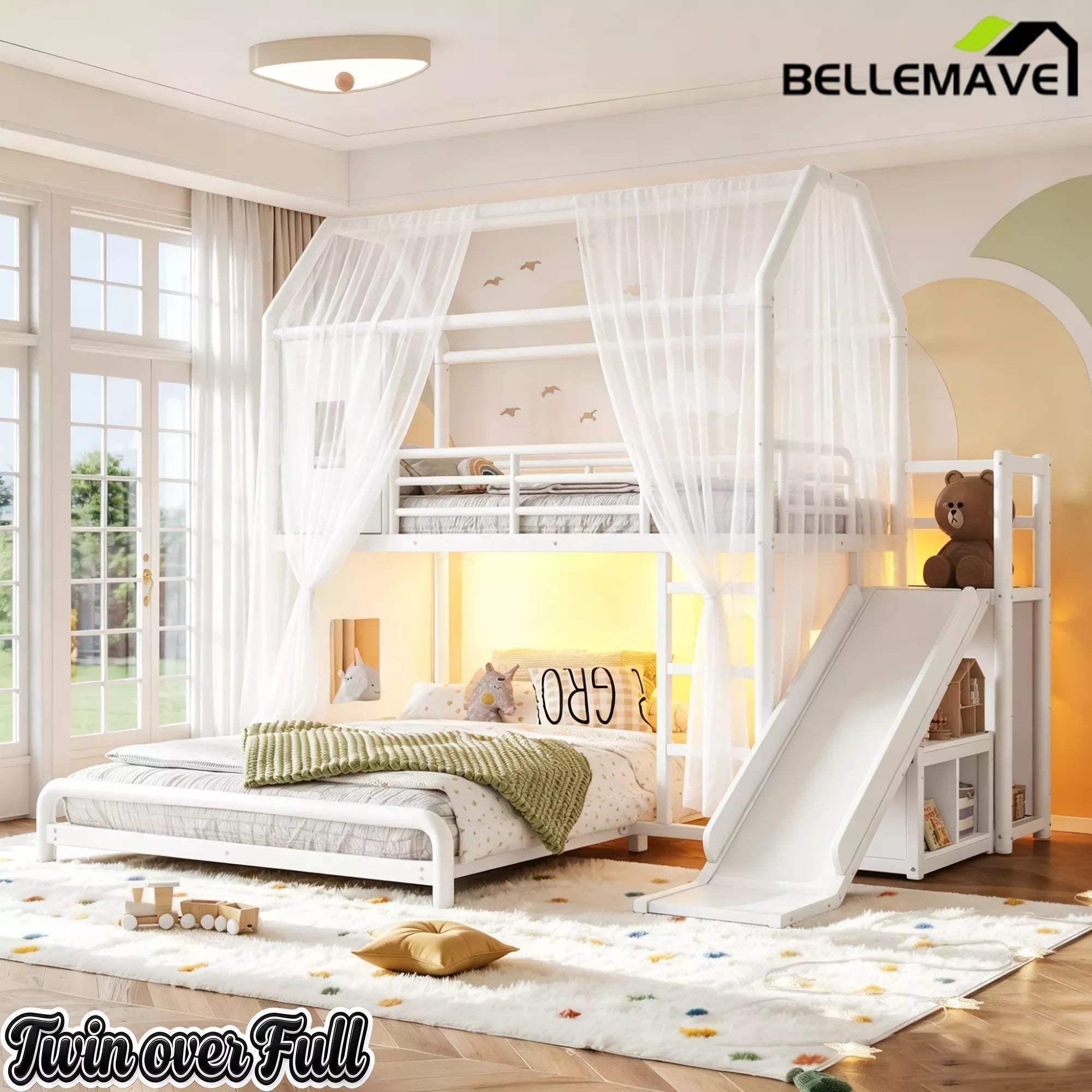 Bellemave® Twin over Full Bunk Bed for Small Room - Metal House Shaped Playhouse with Slide, LED Lights & Privacy Curtain, Kids Space-Saving Storage Bed - Bellemave