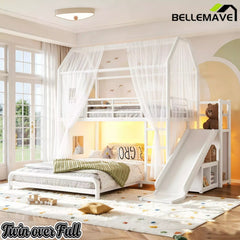 Bellemave® Twin over Full Bunk Bed for Small Room - Metal House Shaped Playhouse with Slide, LED Lights & Privacy Curtain, Kids Space-Saving Storage Bed - Bellemave