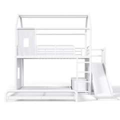 Bellemave® Twin over Full Bunk Bed for Small Room - Metal House Shaped Playhouse with Slide, LED Lights & Privacy Curtain, Kids Space-Saving Storage Bed - Bellemave