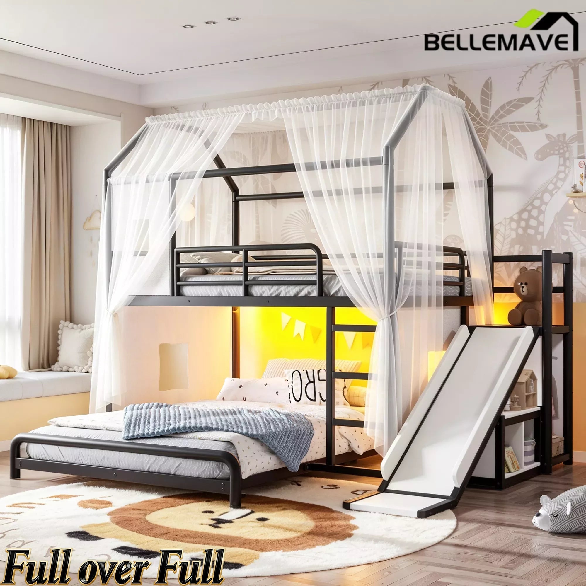 Bellemave® Twin over Full Bunk Bed for Small Room - Metal House Shaped Playhouse with Slide, LED Lights & Privacy Curtain, Kids Space-Saving Storage Bed - Bellemave