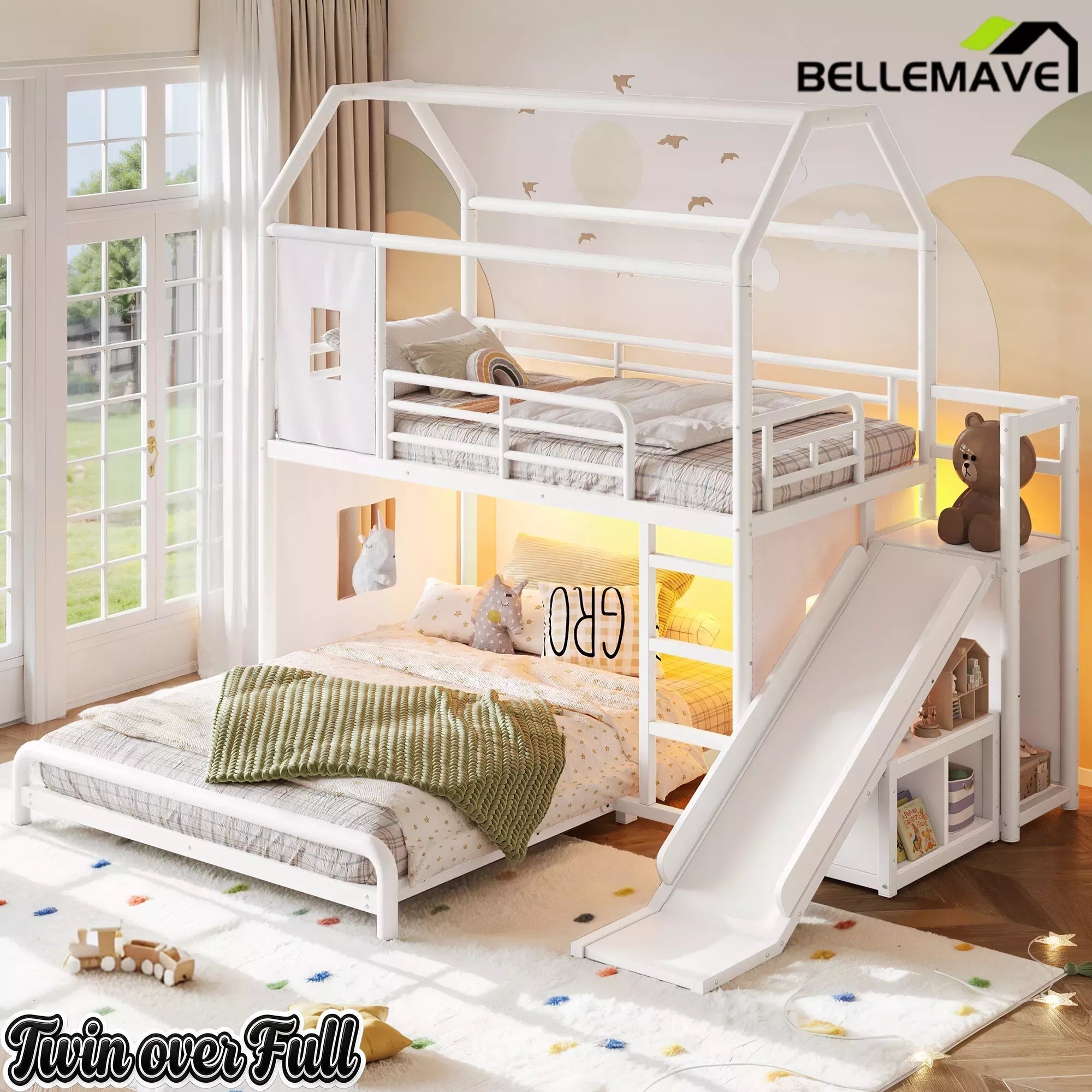 Bellemave® Twin over Full Bunk Bed for Small Room - Metal House Shaped Playhouse with Slide, LED Lights & Privacy Curtain, Kids Space-Saving Storage Bed - Bellemave