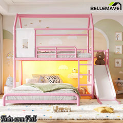 Bellemave® Twin over Full Bunk Bed for Small Room - Metal House Shaped Playhouse with Slide, LED Lights & Privacy Curtain, Kids Space-Saving Storage Bed - Bellemave