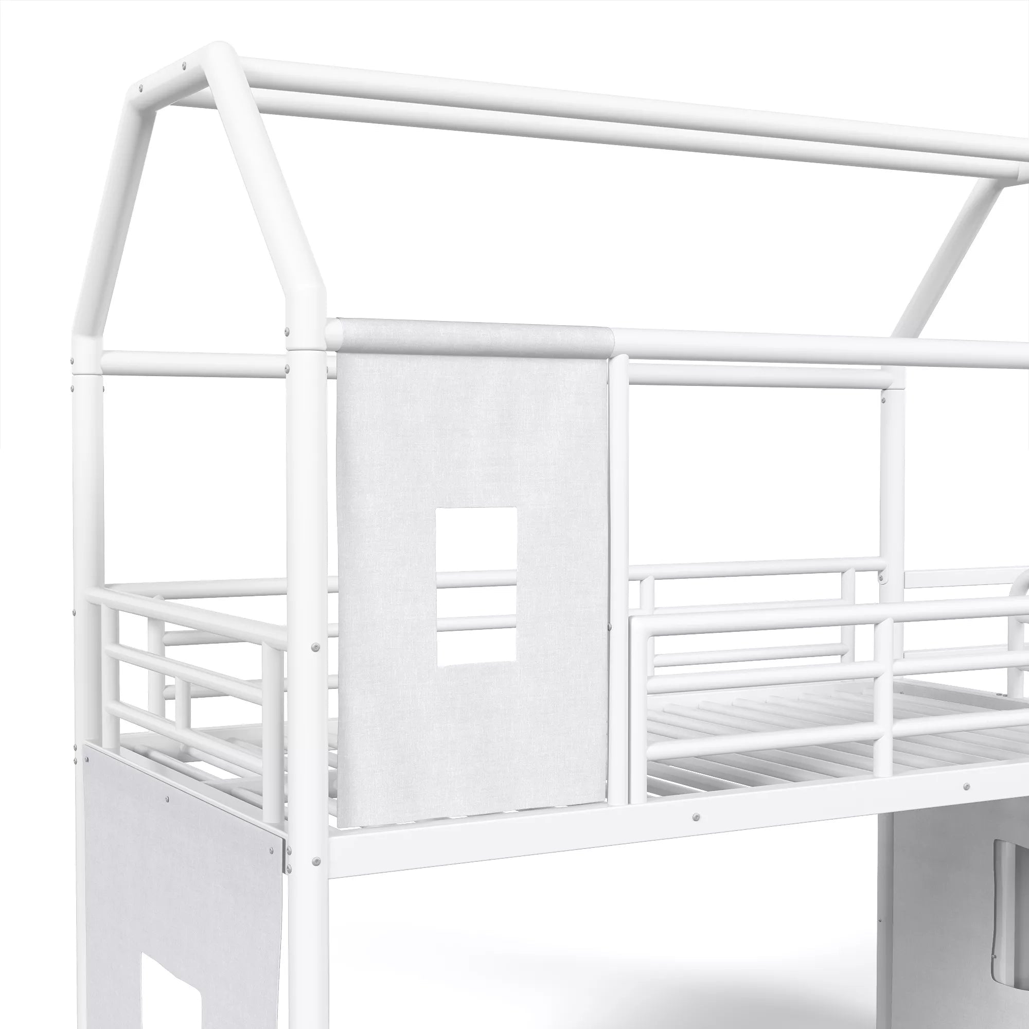 Bellemave® Twin over Full Bunk Bed for Small Room - Metal House Shaped Playhouse with Slide, LED Lights & Privacy Curtain, Kids Space-Saving Storage Bed - Bellemave