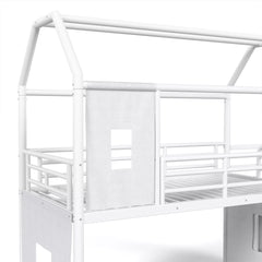 Bellemave® Twin over Full Bunk Bed for Small Room - Metal House Shaped Playhouse with Slide, LED Lights & Privacy Curtain, Kids Space-Saving Storage Bed - Bellemave