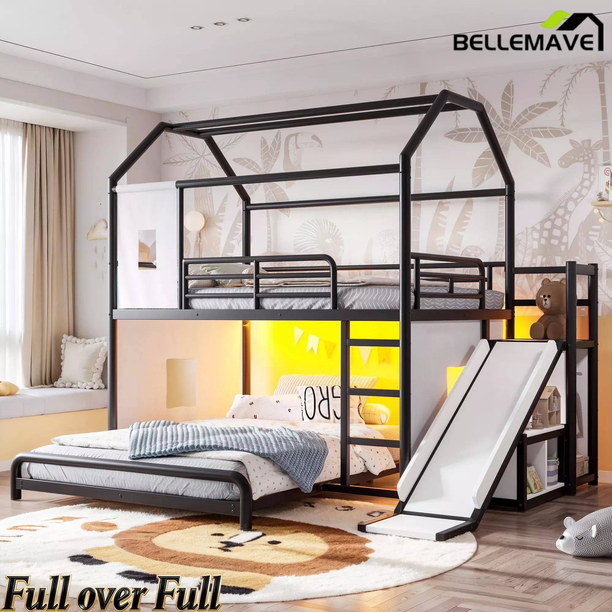 Bellemave® Twin over Full Bunk Bed for Small Room - Metal House Shaped Playhouse with Slide, LED Lights & Privacy Curtain, Kids Space-Saving Storage Bed - Bellemave
