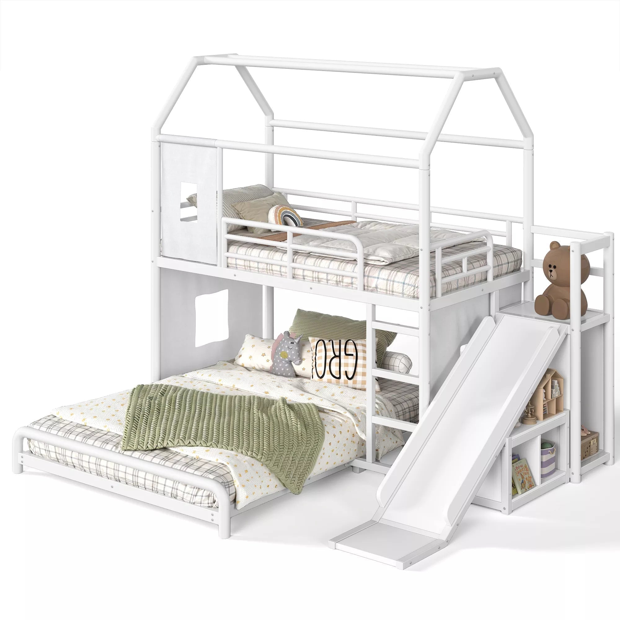 Bellemave® Twin over Full Bunk Bed for Small Room - Metal House Shaped Playhouse with Slide, LED Lights & Privacy Curtain, Kids Space-Saving Storage Bed - Bellemave