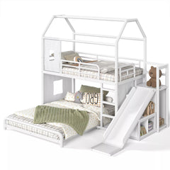 Bellemave® Twin over Full Bunk Bed for Small Room - Metal House Shaped Playhouse with Slide, LED Lights & Privacy Curtain, Kids Space-Saving Storage Bed - Bellemave