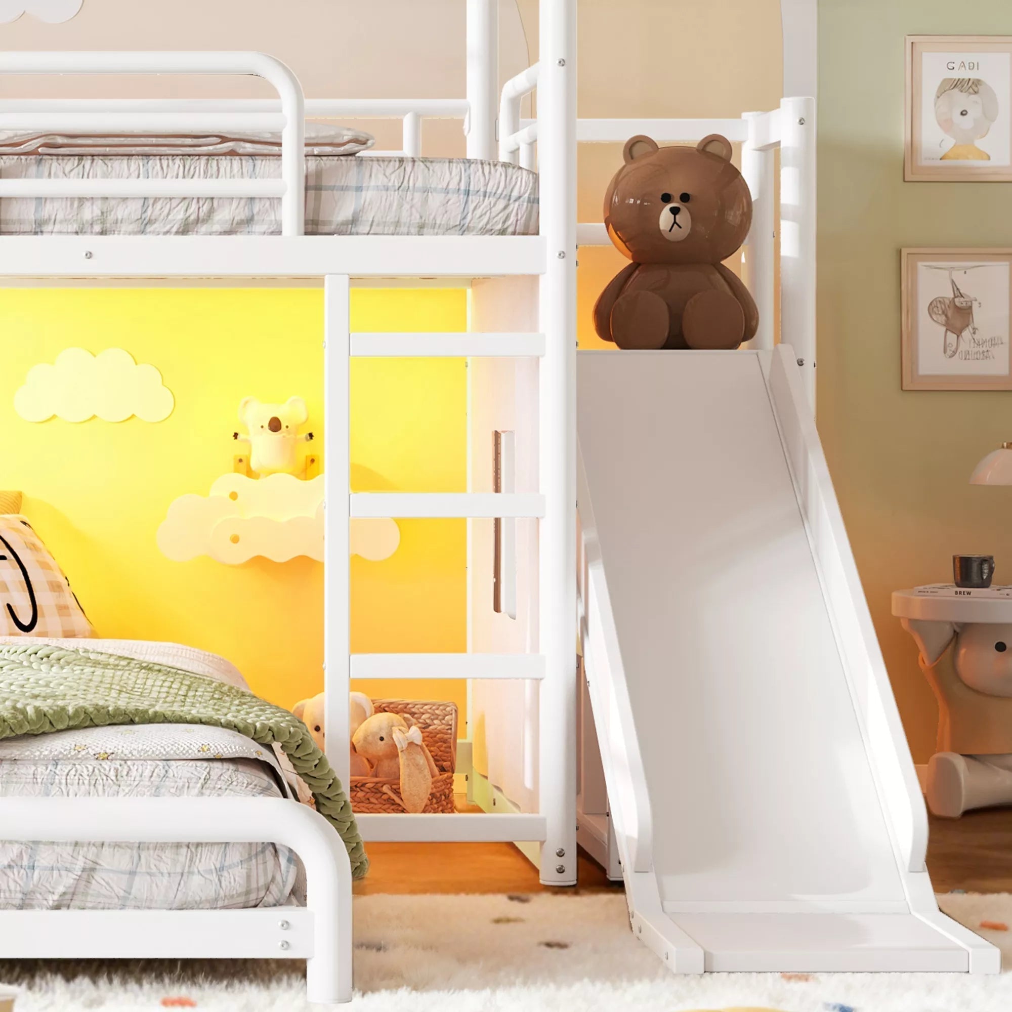 Bellemave® Twin over Full Bunk Bed for Small Room - Metal House Shaped Playhouse with Slide, LED Lights & Privacy Curtain, Kids Space-Saving Storage Bed - Bellemave