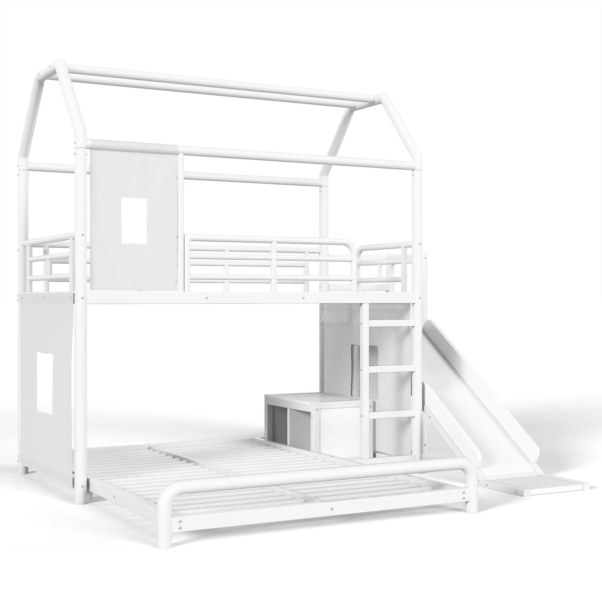 Bellemave® Twin over Full Bunk Bed for Small Room - Metal House Shaped Playhouse with Slide, LED Lights & Privacy Curtain, Kids Space-Saving Storage Bed - Bellemave