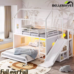 Bellemave® Twin over Full Bunk Bed for Small Room - Metal House Shaped Playhouse with Slide, LED Lights & Privacy Curtain, Kids Space-Saving Storage Bed - Bellemave