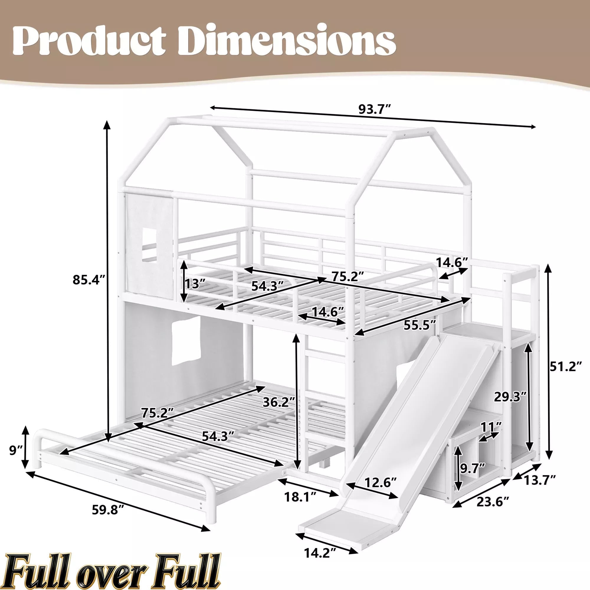 Bellemave® Twin over Full Bunk Bed for Small Room - Metal House Shaped Playhouse with Slide, LED Lights & Privacy Curtain, Kids Space-Saving Storage Bed - Bellemave
