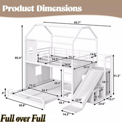 Bellemave® Twin over Full Bunk Bed for Small Room - Metal House Shaped Playhouse with Slide, LED Lights & Privacy Curtain, Kids Space-Saving Storage Bed - Bellemave