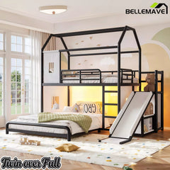Bellemave® Twin over Full Bunk Bed for Small Room - Metal House Shaped Playhouse with Slide, LED Lights & Privacy Curtain, Kids Space-Saving Storage Bed - Bellemave