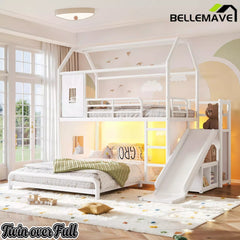 Bellemave® Twin over Full Bunk Bed for Small Room - Metal House Shaped Playhouse with Slide, LED Lights & Privacy Curtain, Kids Space-Saving Storage Bed - Bellemave