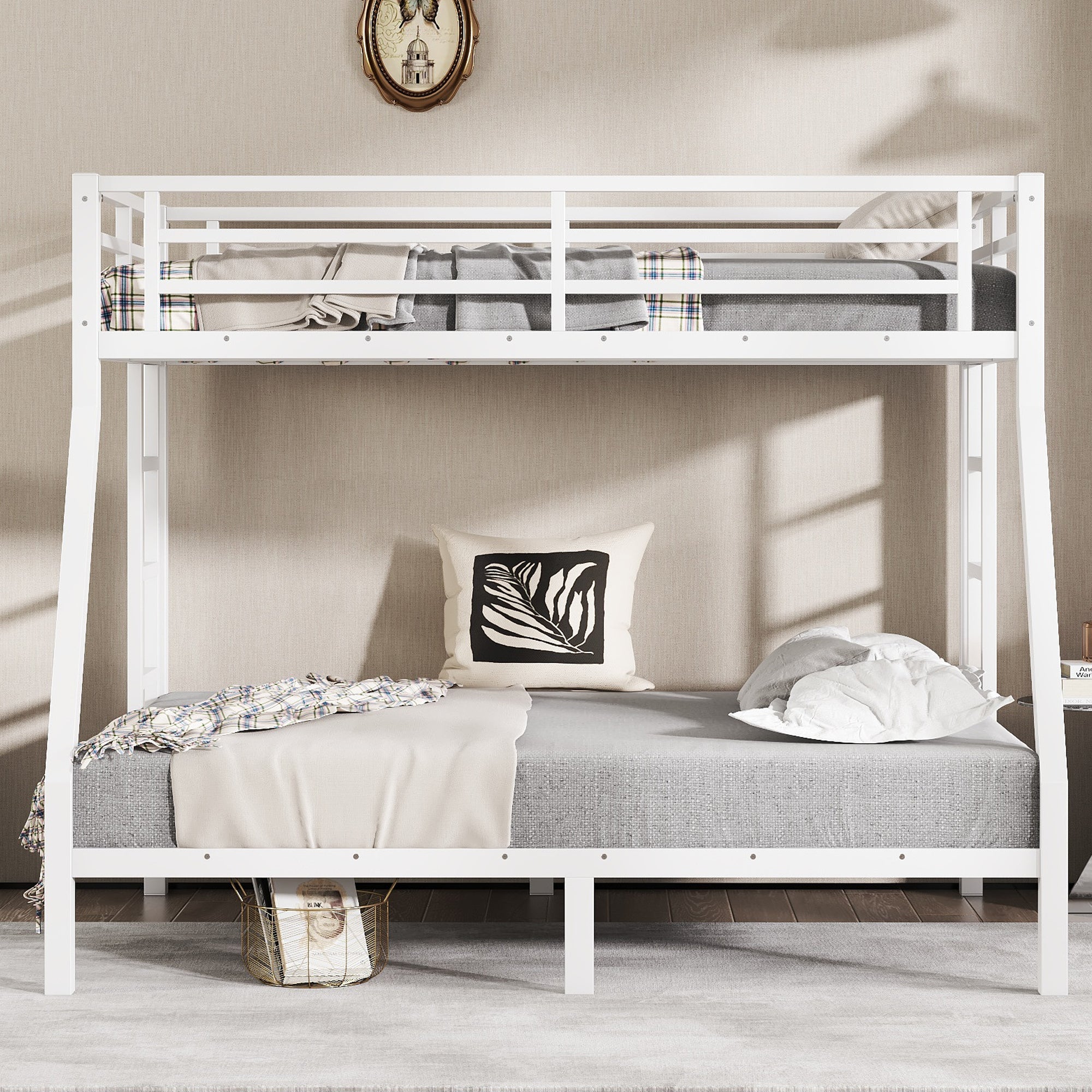 Bellemave® Twin Over Full Bunk Bed for Teens, Twin Over Full Bunk Bed Frame with 2 Side Ladder and Full Length Guardrail, Easy Assemble Bunkbeds, Noise Reduced, Mattress Not Included, White - Bellemave