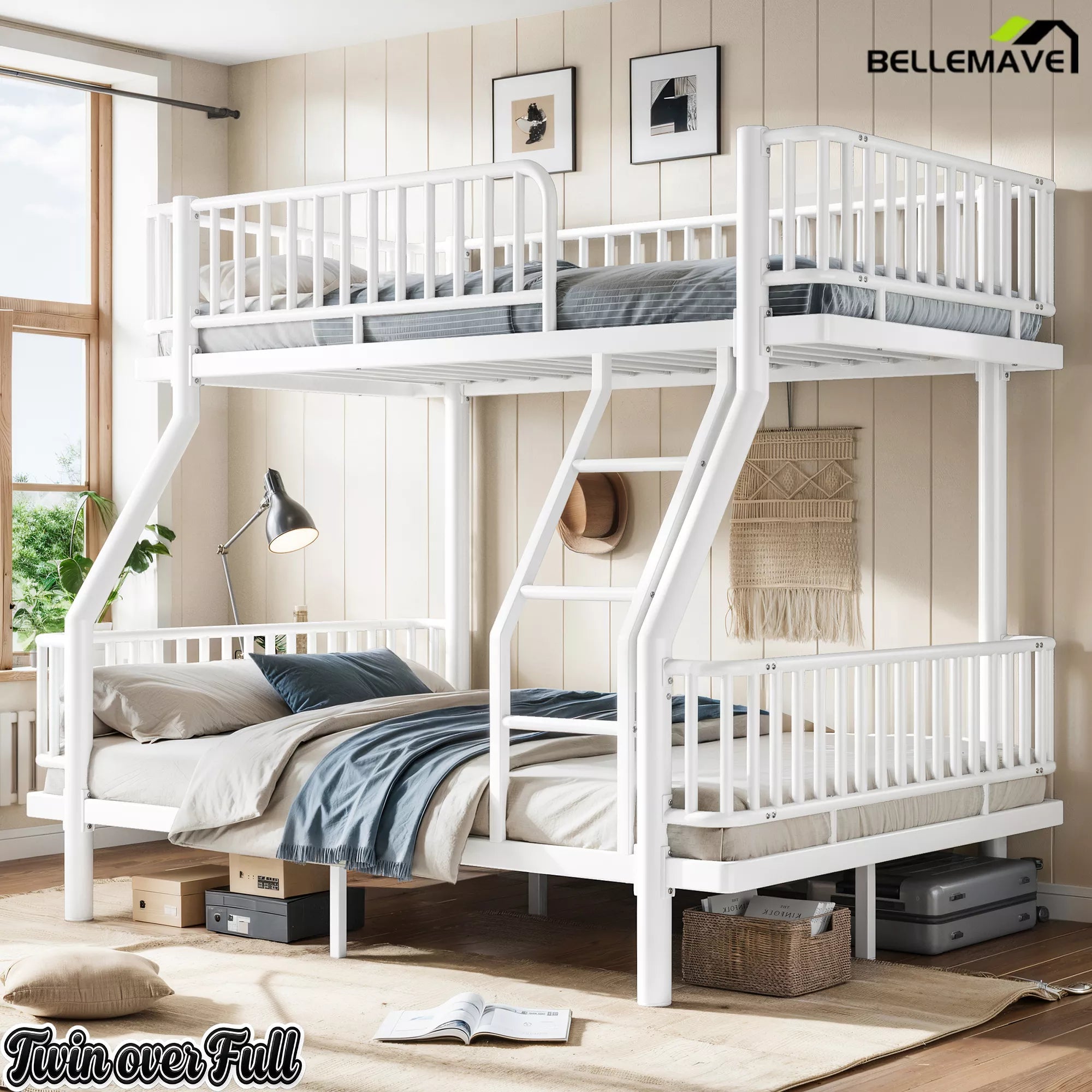 Twin Over Full White Bunk Bed with Guardrails
